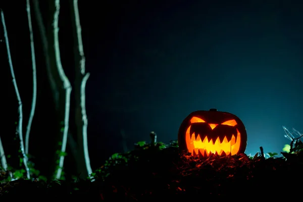 Egy Megvilágított Halloween Tök Sötét Szabadban Másolási Space — Stock Fotó