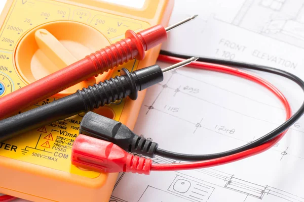 Close Yellow Electrical Multimeter House Plans — Stock Photo, Image