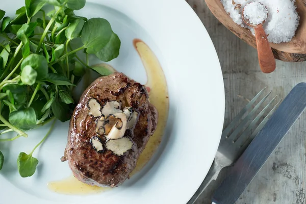 Steak and Truffles Dish Beside Bowl of Truffle Salt — Stock Photo, Image