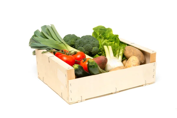 Cut Out of Wooden Crate Filled with Assorted Fresh Vegetables — Stock Photo, Image