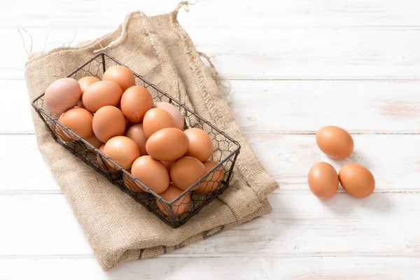 Mesh Wire Tray of Chicken Eggs on Hessian Sackcloth — Stock Photo, Image