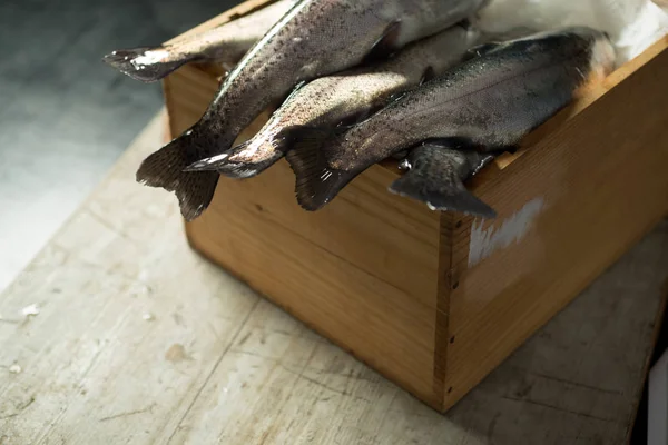 Aletas de cola de trucha arco iris colgando de caja de madera —  Fotos de Stock