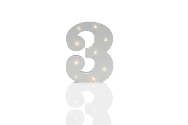 Decorative Number 3 with Embedded LED Lights Over White Backgrou — Stock Photo, Image