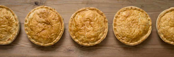 Panorama of Cooked Whole Round Meat Pies — Stock Photo, Image