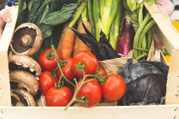 Крупный план коробки из сортированных свежих овощей — стоковое фото