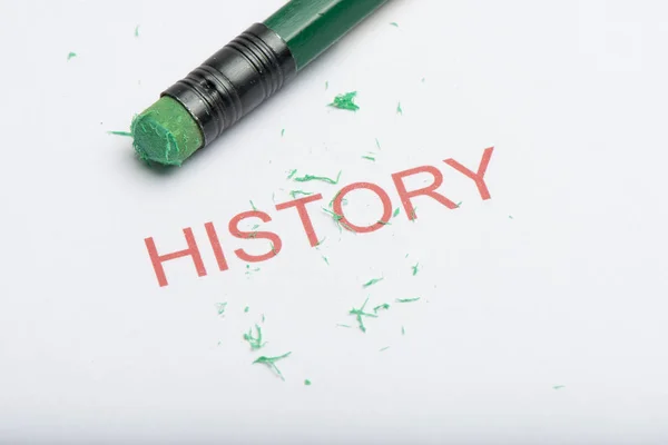 Palavra 'História' com Worn Lápis Borracha e Shavings — Fotografia de Stock