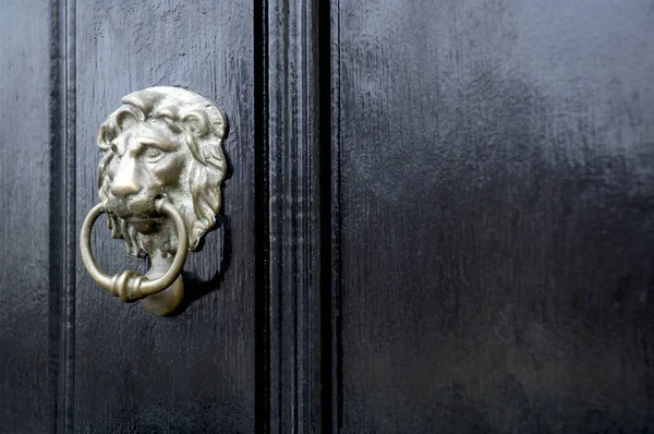 Batedor de porta de leão de latão instalado na porta preta de madeira — Fotografia de Stock