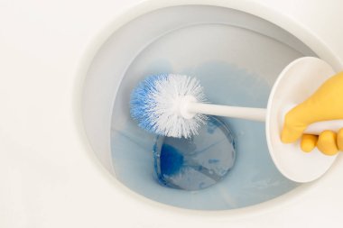 Mavi deterjan ile tuvalet su genel gider görünümünde fırçalama el