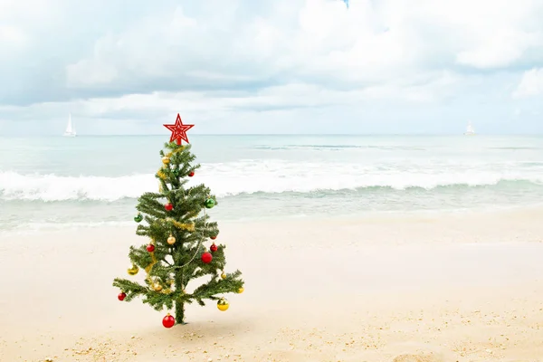 Різдвяна ялинка на пляжі з вітрильниками на задньому плані — стокове фото