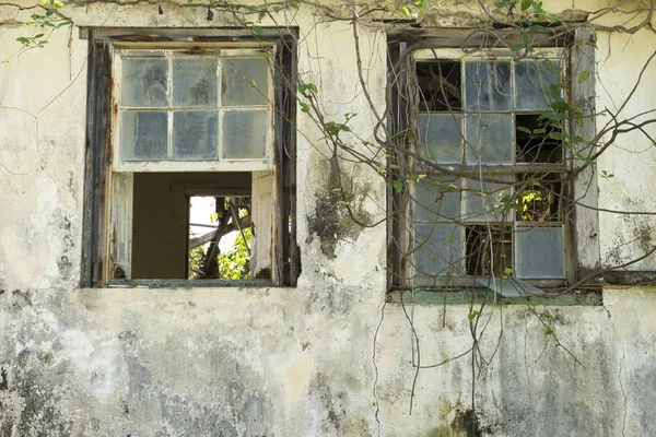 Duas janelas partidas de um edifício ou casa em ruínas — Fotografia de Stock