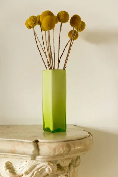 Globosas séchés dans un vase rectangulaire sur une table d'accueil en marbre — Photo