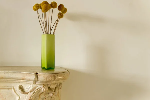 Globosas séchés dans un vase sur une table d'accueil en marbre avec espace de copie — Photo