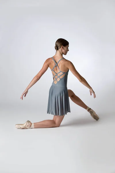 Back View of a Lady Ballet Dancer Wearing a Skirted Gray Leotard