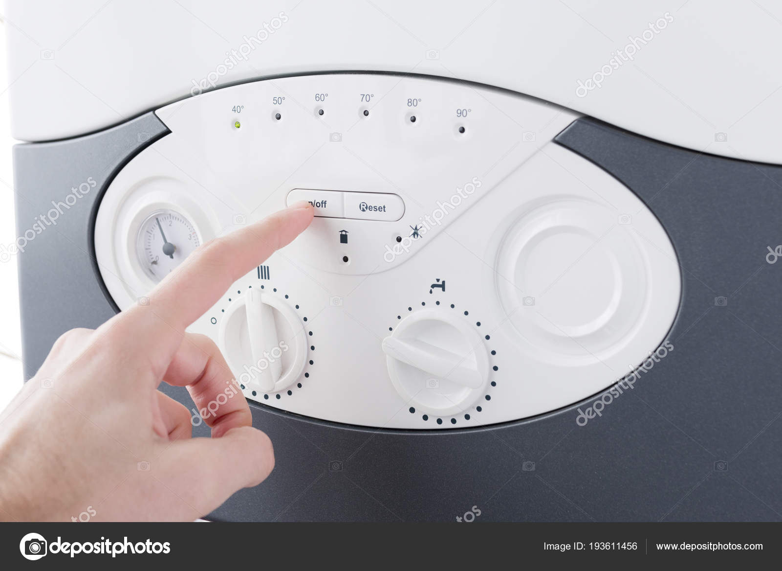 Finger Pushing Power Button Front Panel Washing Machine Stock Photo by