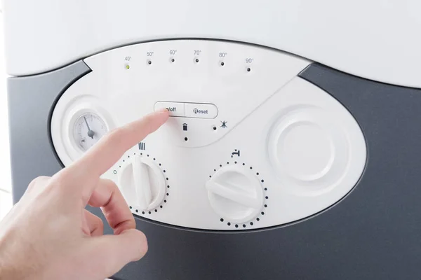 Finger Pushing Power Button Front Panel Washing Machine — Stock Photo, Image