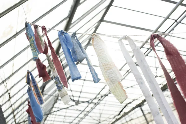 Bandes de tissu de ferraille attachées à une corde à linge Photos De Stock Libres De Droits