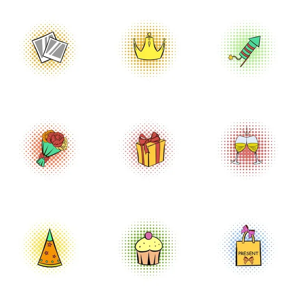 Holiday birthday icons set, pop-art style