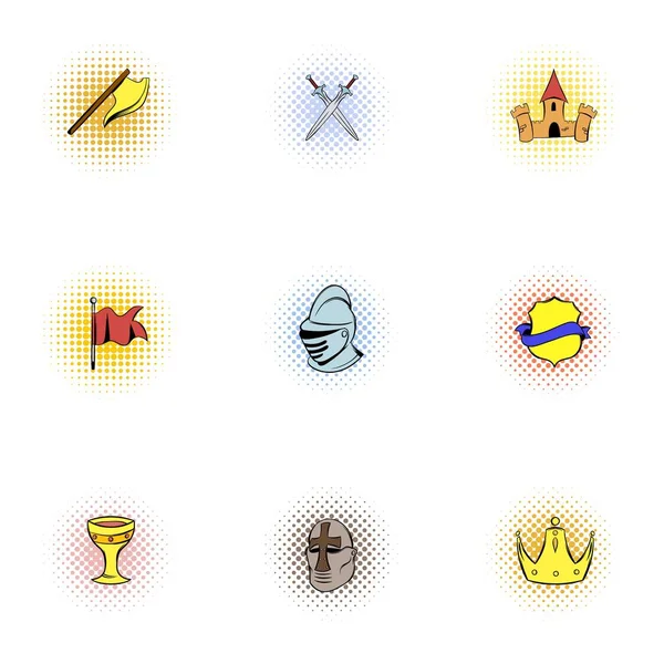 Conjunto de iconos de caballero medieval, estilo pop-art — Vector de stock