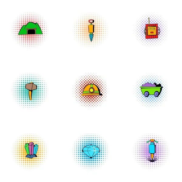 Coal mining icons set, pop-art style — Stock Vector