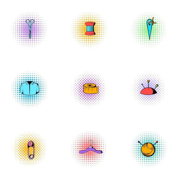 Embroidery kit icons set, pop-art style — Stock Vector