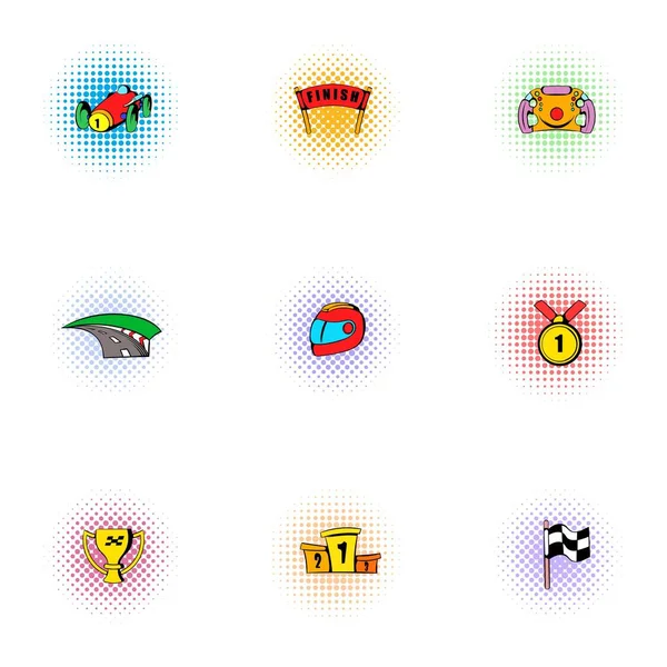 Conjunto de iconos de accesorios de carreras, estilo pop-art — Vector de stock