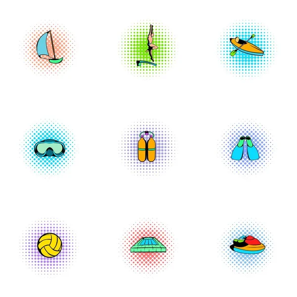 Conjunto de ícones de esporte aquático, estilo pop-art — Vetor de Stock