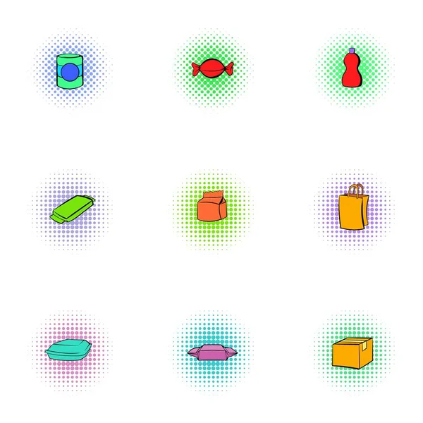 Packaging icons set, pop-art style — Stock Vector