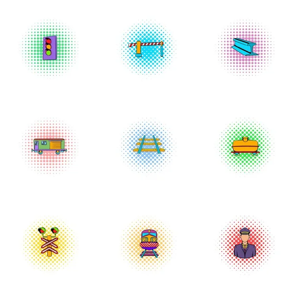 Railway transport icons set, pop-art style — Stock Vector