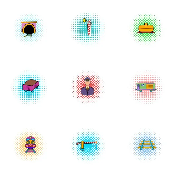 Ensemble d'icônes ferroviaires, style pop-art — Image vectorielle