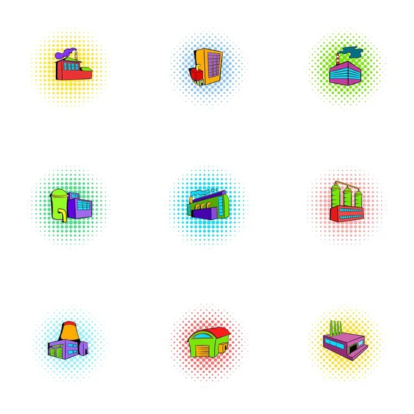 Ensemble d'icônes du complexe industriel, style pop-art — Image vectorielle