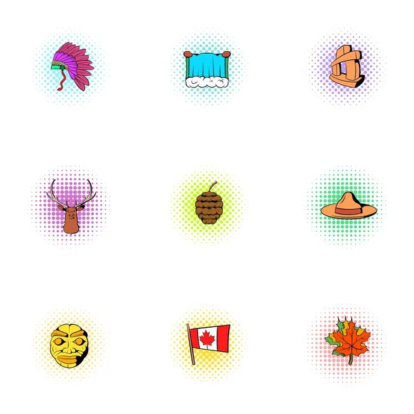 Holiday in Canada icons set, pop-art style