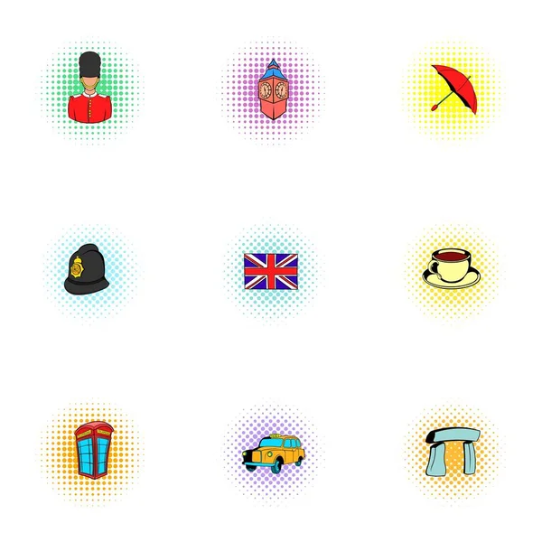 Ensemble d'icônes du tourisme au Royaume-Uni, style pop-art — Image vectorielle