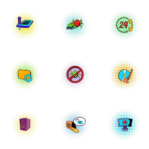 Conjunto de iconos de ataque cibernético, estilo pop-art — Vector de stock