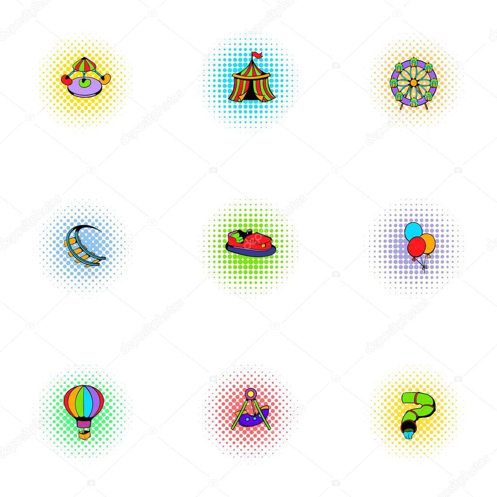 Rides icons set, pop-art style