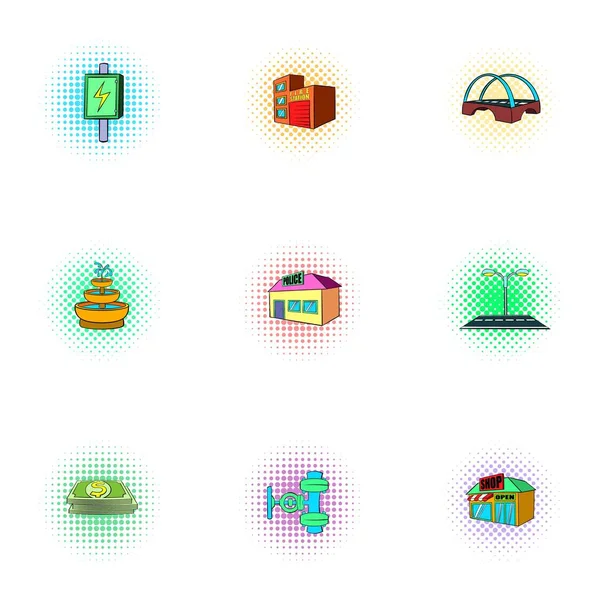 Construction of city icons set, pop-art style — Stock Vector