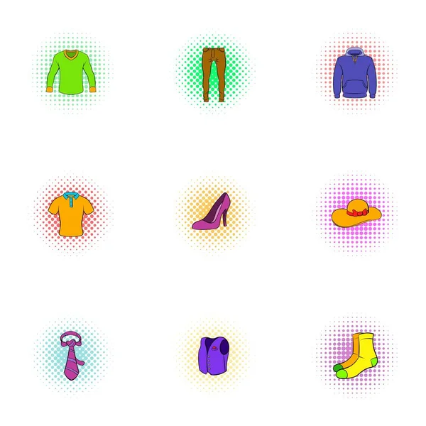 Tipos de conjunto de iconos de ropa, estilo pop-art — Vector de stock