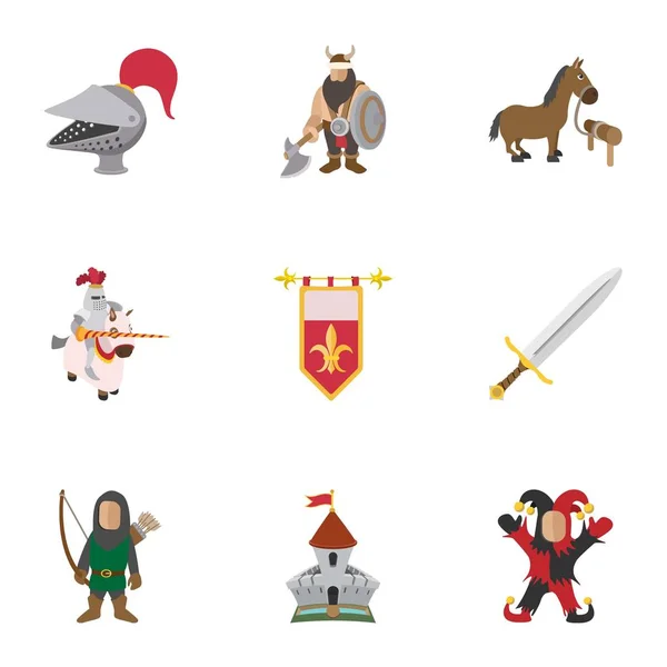 Conjunto de iconos de caballero medieval, estilo de dibujos animados — Vector de stock