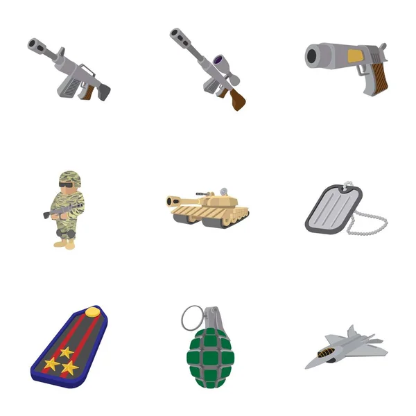 Set icone armi militari, stile cartone animato — Vettoriale Stock