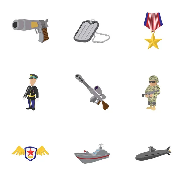 Set di icone dell'attrezzatura da guerra, stile cartone animato — Vettoriale Stock