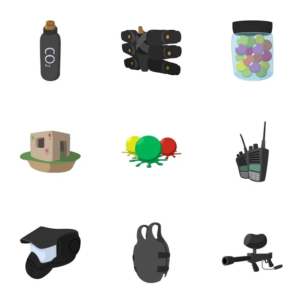 Conjunto de iconos de paintball de competición, estilo de dibujos animados — Vector de stock