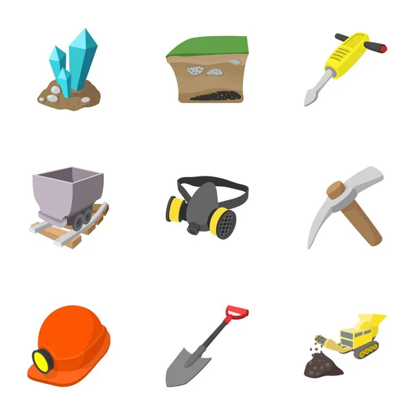 Kolen mijnbouw iconen set, cartoon stijl — Stockvector