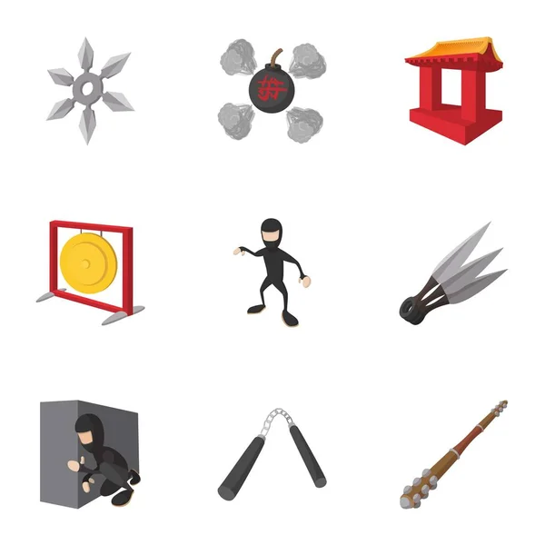 Ninja iconos conjunto, estilo de dibujos animados — Archivo Imágenes Vectoriales