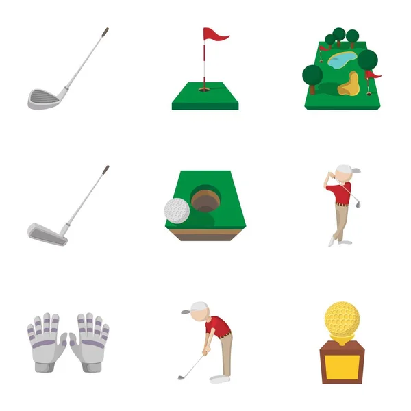 Παιχνίδι του γκολφ σετ εικονιδίων, ύφος κινούμενων σχεδίων — Διανυσματικό Αρχείο