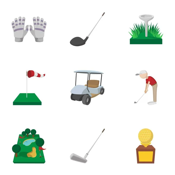 Άθλημα γκολφ εικονίδια οριστεί, κινούμενα σχέδια στυλ — Διανυσματικό Αρχείο