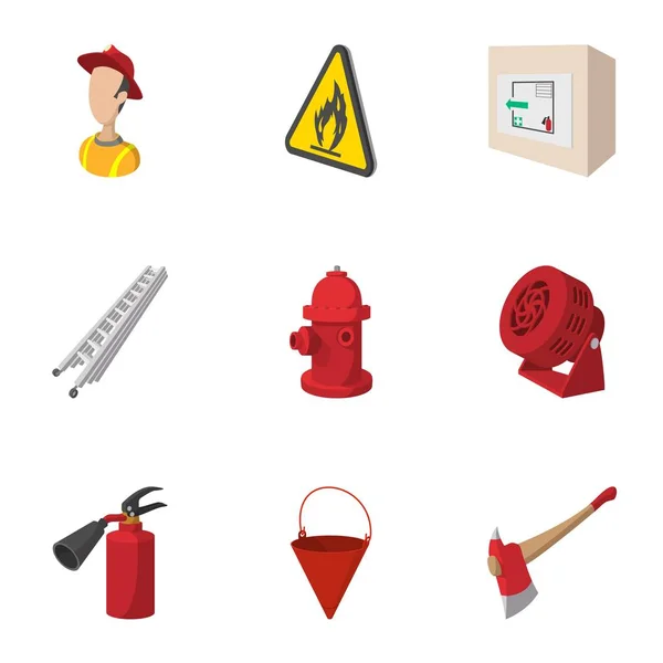 Brandweerman iconen set, cartoon stijl — Stockvector