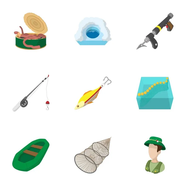 Conjunto de iconos de pesca, estilo de dibujos animados — Vector de stock