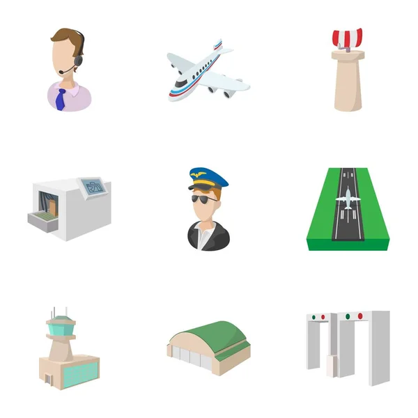 Conjunto de iconos del aeropuerto, estilo de dibujos animados — Vector de stock