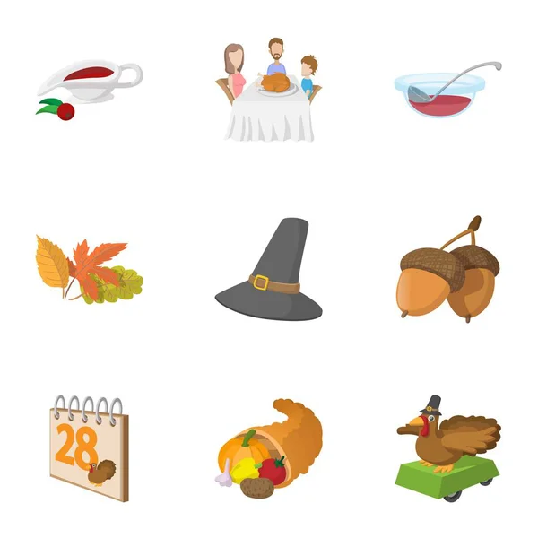 Conjunto de iconos de celebración de gratitud, estilo de dibujos animados — Vector de stock