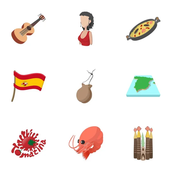 Conjunto de iconos de vacaciones en España, estilo de dibujos animados — Vector de stock