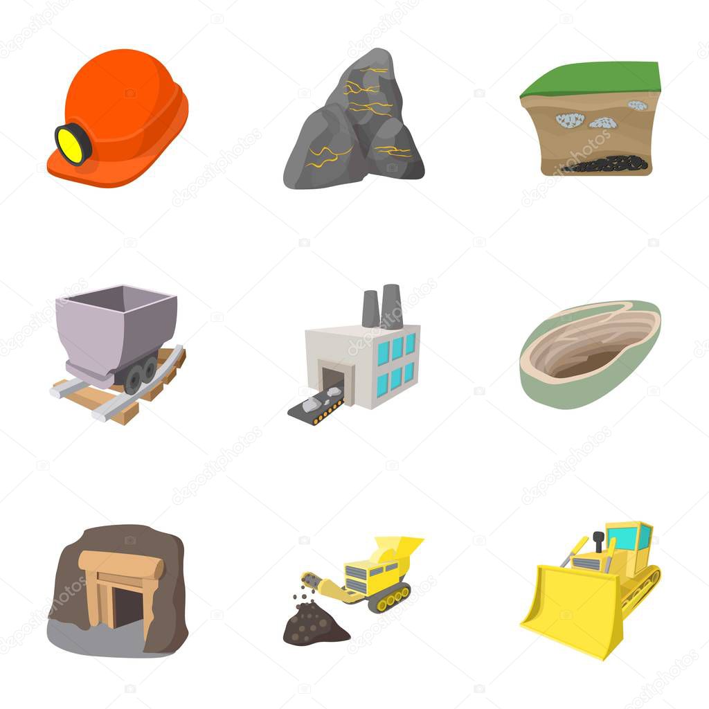 Mining activities icons set, cartoon style